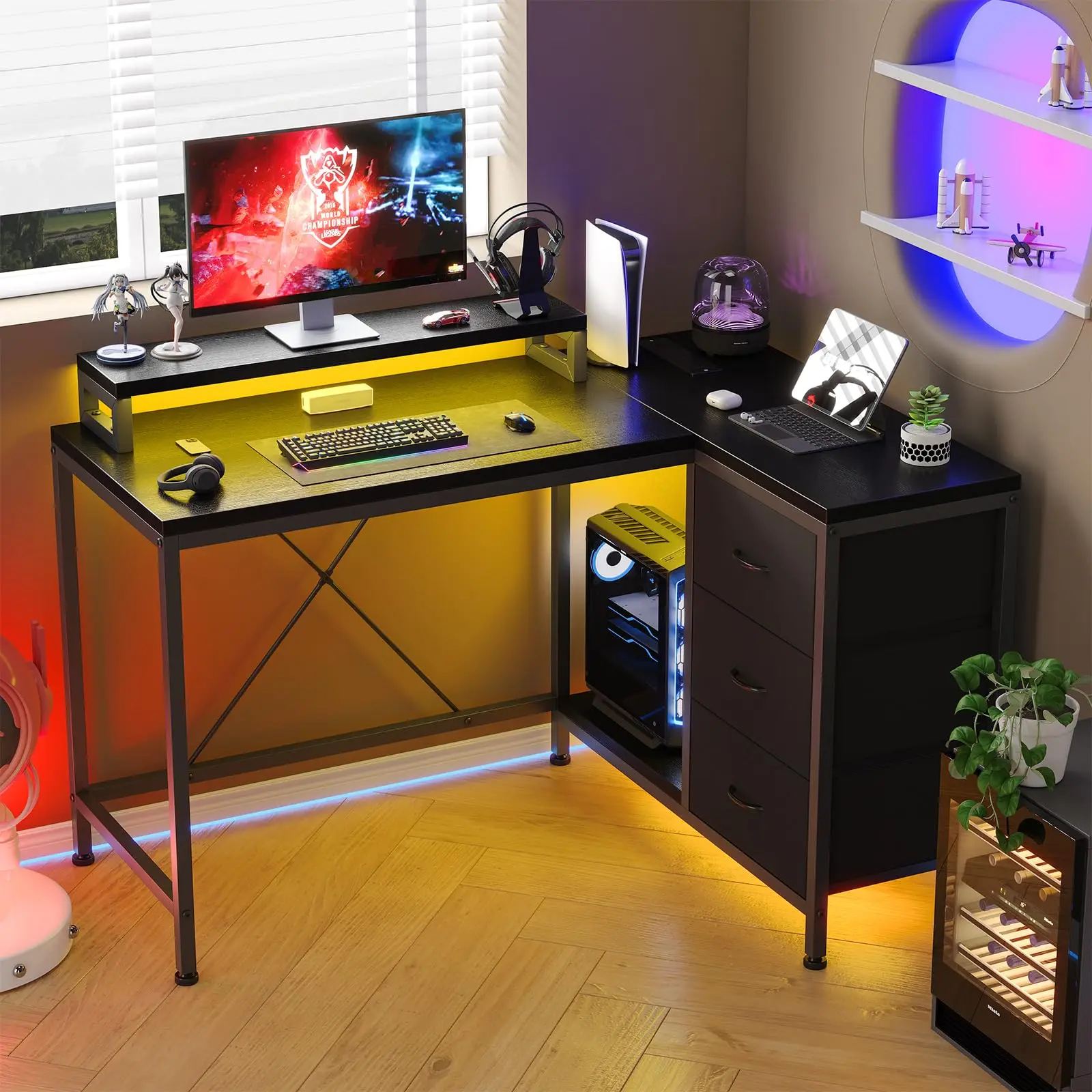 L-Shaped Gaming Desk with Power Outlets, Corner Desk with Drawers, Shelves & LED Lights, Computer Desk for Home & Office