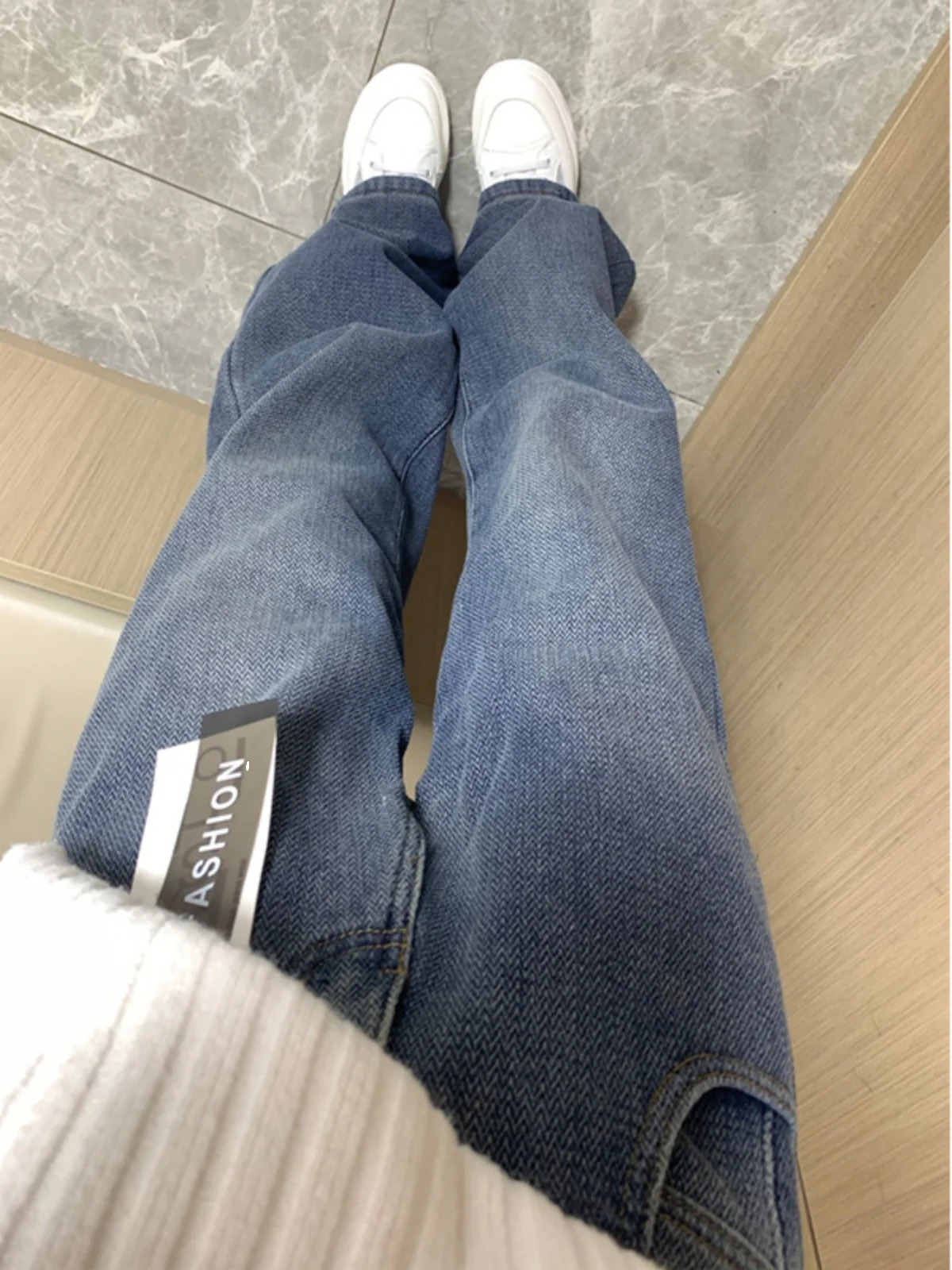

Retro Blue Pattern Men's Jeans Slim Fit Straight Leg Micro Flared Pants American Sle Autumn Winter Faion