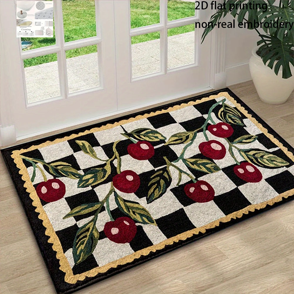 

2D Flat-1pc Cherry Checkered Door Mat , , Suitable for bedroom, kitchen, dining room, bathroom, blue velvet floor mats.