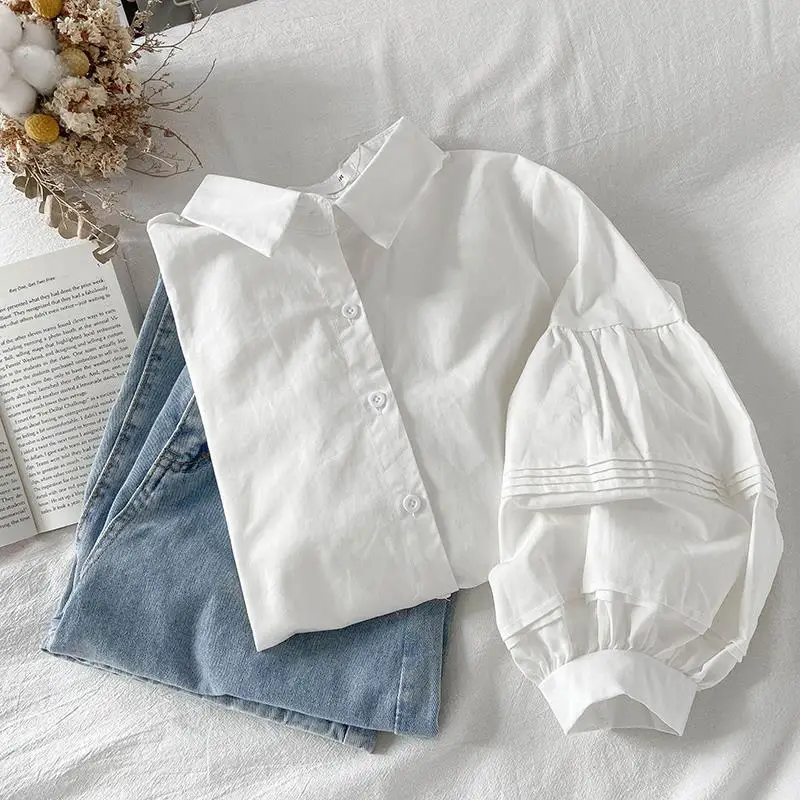 Office Lady White Lapel Shirt Solid Long Sleeve Women\'s Clothing Tops Puff Sleeve Blouses Casual 2022 Autumn Loose Button Shirt