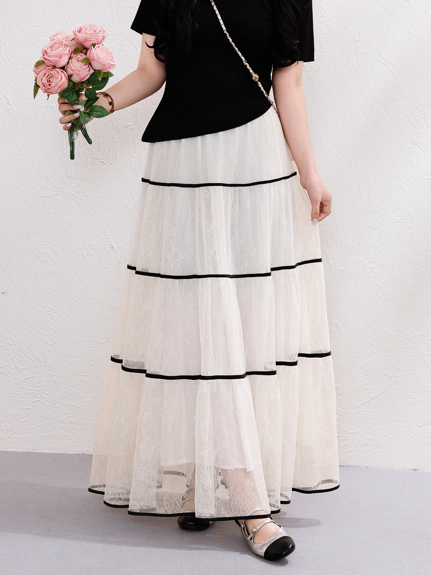 

Юбка миди с высокой талией для полных женщин, модель Egg Sister Cake, светло-розовая, из сетчатой ткани, стройнящая, с цветовыми блоками, полиэстер, эластичная.