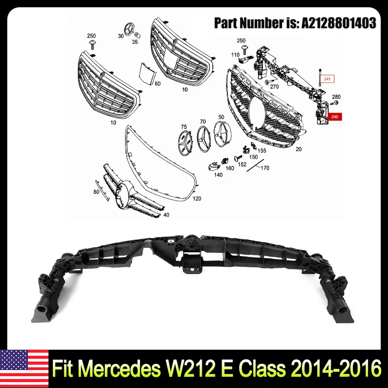 

Подходит для Mercedes W212 E-серии E350 2014 2015 2016 2128801403, кронштейн для передней решетки, черный, простая установка.