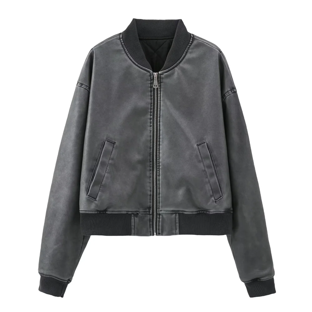 TRAF 2024 Autumn New Product Women\'s Wear Out Short Faux Leather Pilot Jacket Coat Motorcycle Leather Jacket