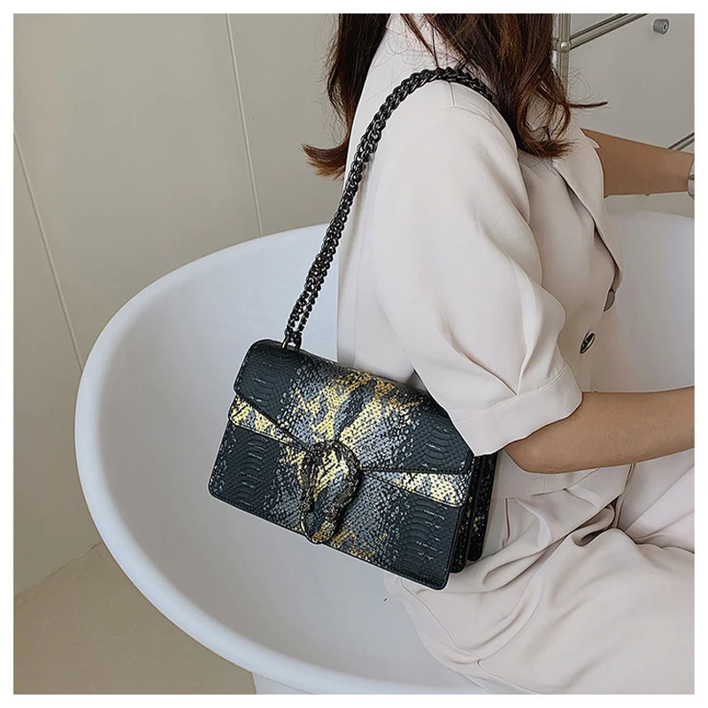 Retro Snake Pattern Chain Crossbody Bag Handbags For Women 2023 New Premium Small Square Bag Korean Trendy Ladies Shoulder Bag