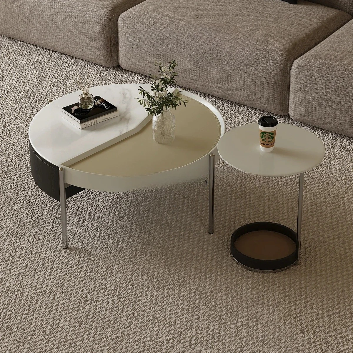Microcrystalline stone lifting coffee table Italian minimalist saddle leather mother and child coffee table