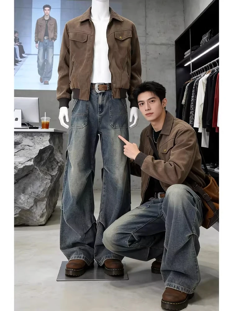 

Мужские джинсы из выстиранного американского денима, свободные широкие брюки, трендовые прямые рабочие брюки в уличном стиле, молодежные повседневные хлопковые штаны