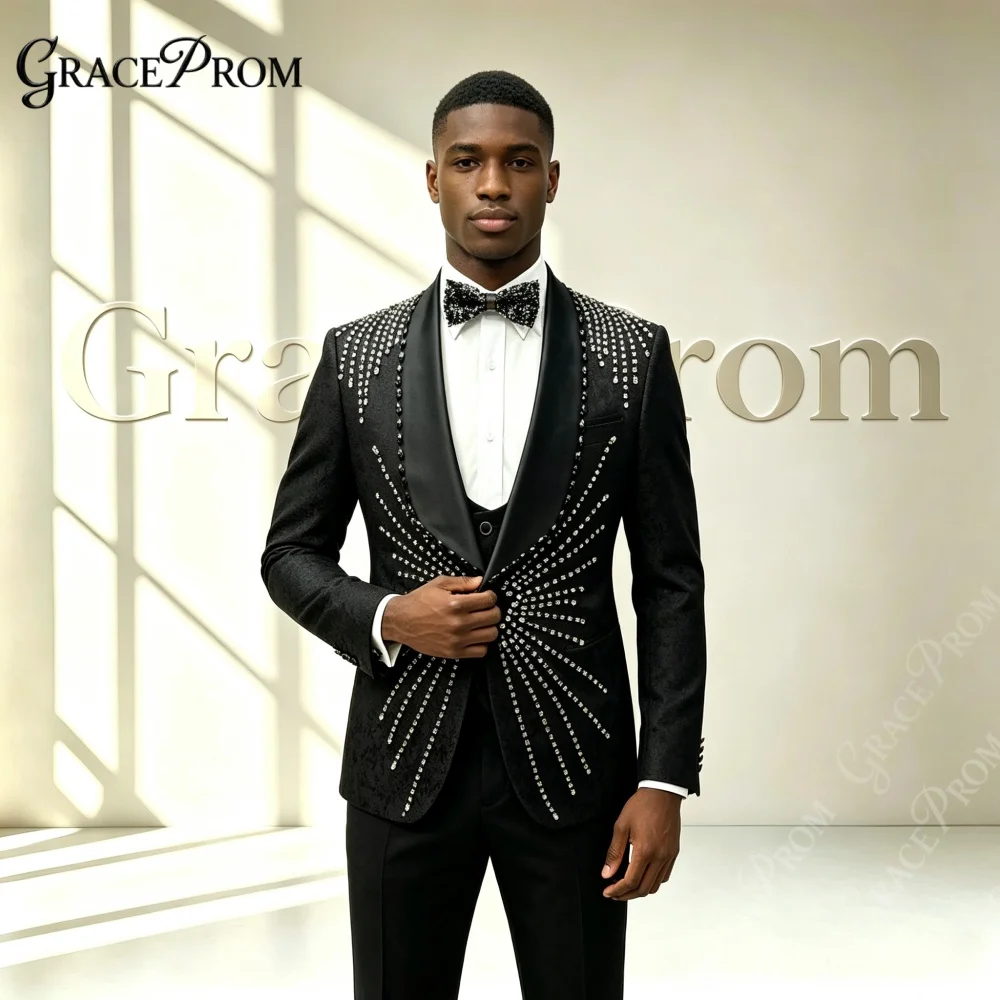 Glamorous Black Beaded Men Suits 2027 3PCS Wedding Groom Sets Man Shawl Suit Set Banquet Prom Party Wear Handcrafted Decorated