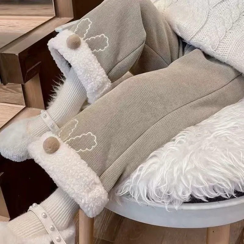 Girls Fleece Lined Pants Autumn Winter New Kids Thickened Straight Leg Trousers Baby Warm Micro Flare Pants Children Clothing