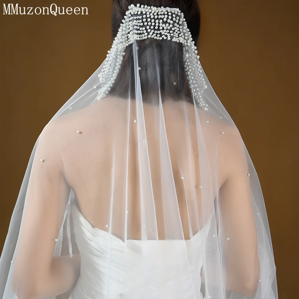 MMQ-Robes de mariée en tulle perlé pour femmes, voile de patients, perle blanche, bordure ornée d'une cathédrale, accessoire de mariage, M29