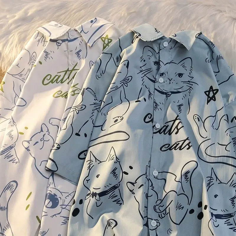 Рубашка с коротким рукавом y2k для мужчин и женщин, универсальная свободная уличная рубашка в японском стиле ретро с рисунком кота из мультфильма, y2k