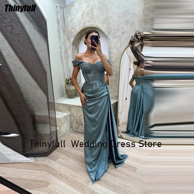 

Thinyfull Mermaid Satin Prom Dresses Sweetheart Off Shoulder Evening Party Gown Appliques Floor Length Formal Occasion Dress