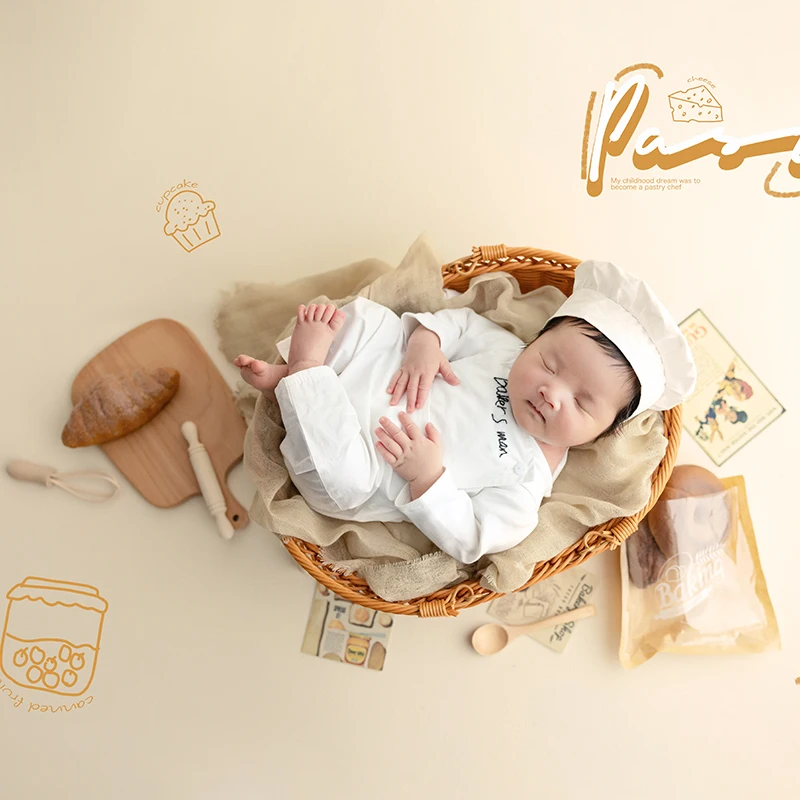 Newborn Photography Little Chef Costume Simulated Bread Whisk Kitchen Creative Props White Chef Hat Jumpsuit Infant Photo Set