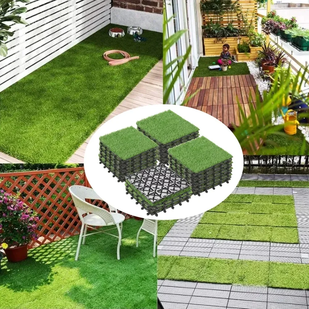 Green Artificial Green Grass 27pcs Grass Flooring Tile Interlocking Turf Tile Artificial Grass Decor Outdoor Decorations Garden