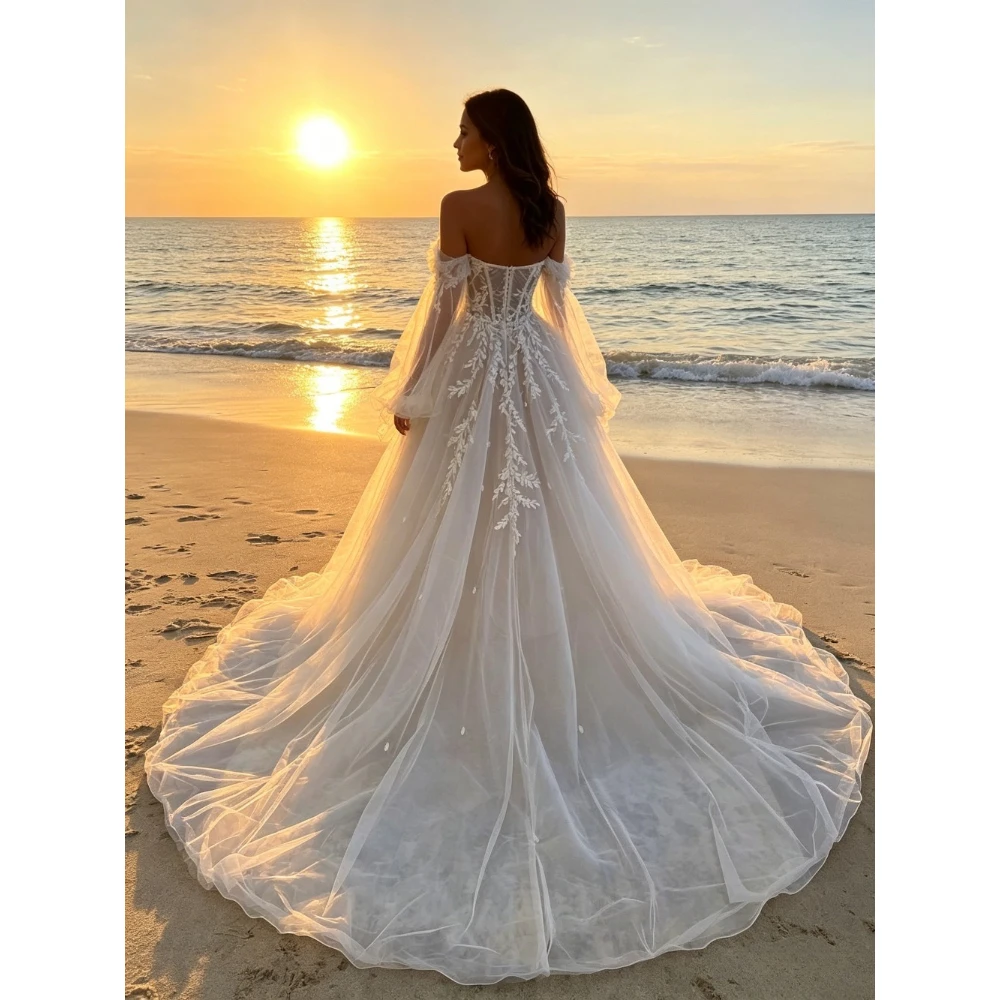 Customized Sweetheart Lace Decal Wedding Dresses 2026 Romantic 30/4 Sleeve Waist with Large Tail A-line Bridal Gown Zipper Back