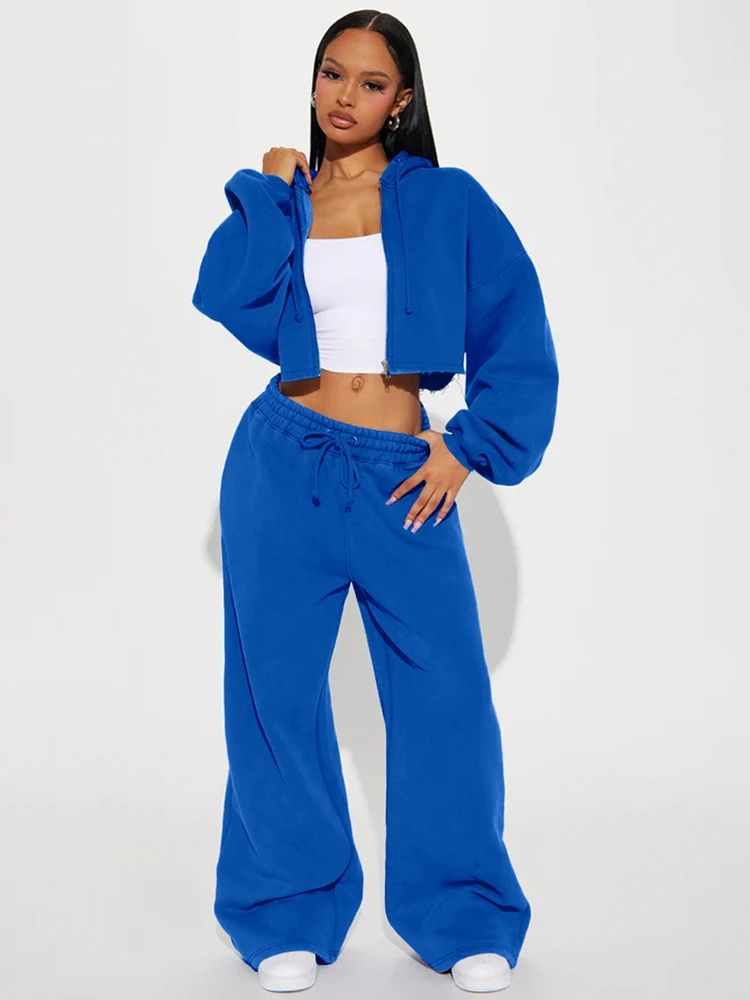 JENYAGE Oversized Zweiteiler-Set für Damen, weicher, einfarbiger, bequemer Crop-Hoodie mit Reißverschluss und Kordelzug, weite Jogginghose, Streetwear-Trainingsanzug – Detail 12