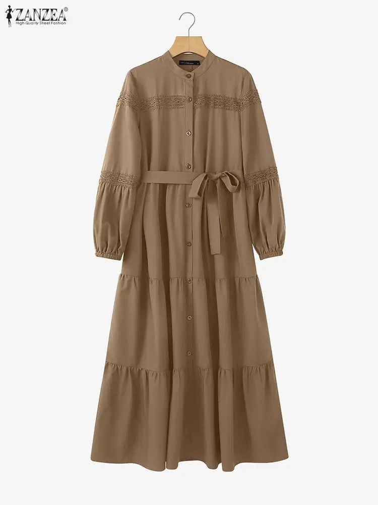 ZANZEA Modest Hijabs Women Long Dresses Elegant Lace Patchwork O-Neck Long Sleeve Belted Tiered A-Line Dress Muslim Abaya Robes
