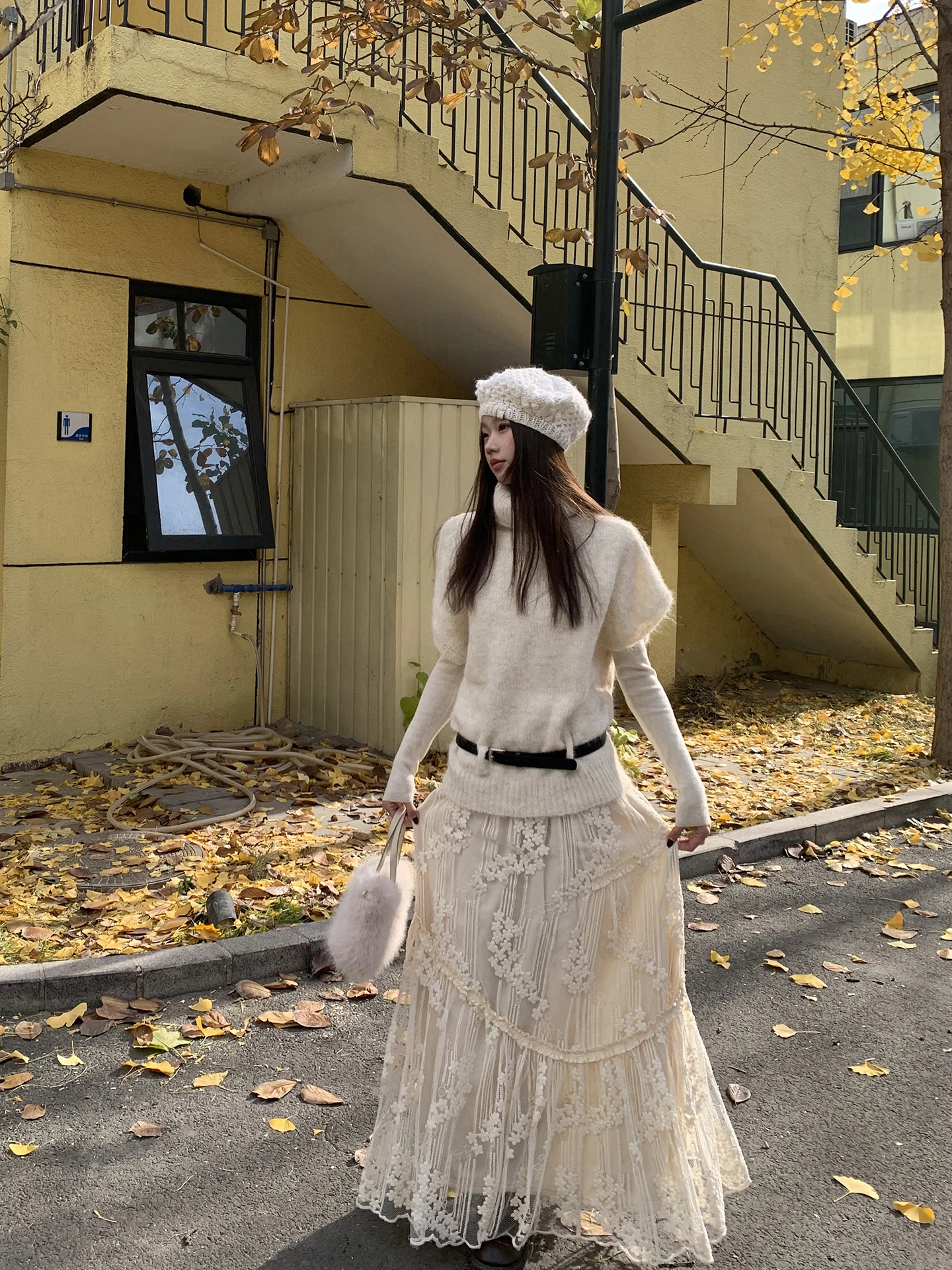 سترة محبوكة أنيقة بياقة عالية للنساء، تصميم فريد وجميل لفصل الشتاء، موضة عصرية، قصة مستقيمة، مزيج من البوليستر والصوف