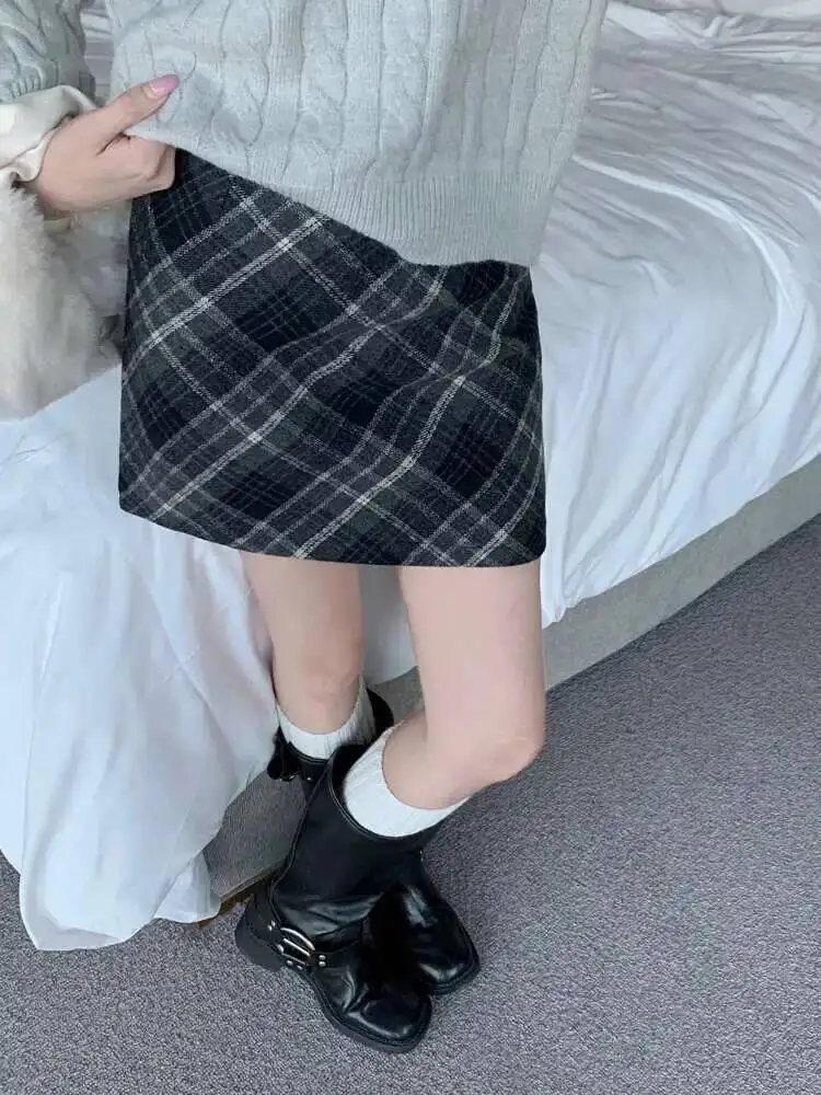High Waist Plaid Woolen Skirt Women's Autumn Winter Wrap Around Skirt Retro A Line Skirt Commute Polyester Japanese Mini 8HA8