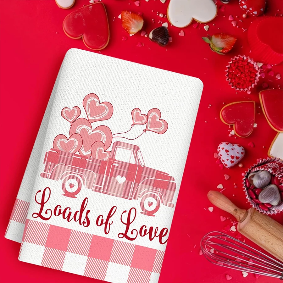 2 paños de cocina para el Día de San Valentín, toallas de té estampadas con camión de amor en forma de corazón de 40 * 60 cm a cuadros rosas y blancas, adecuadas para cocinar