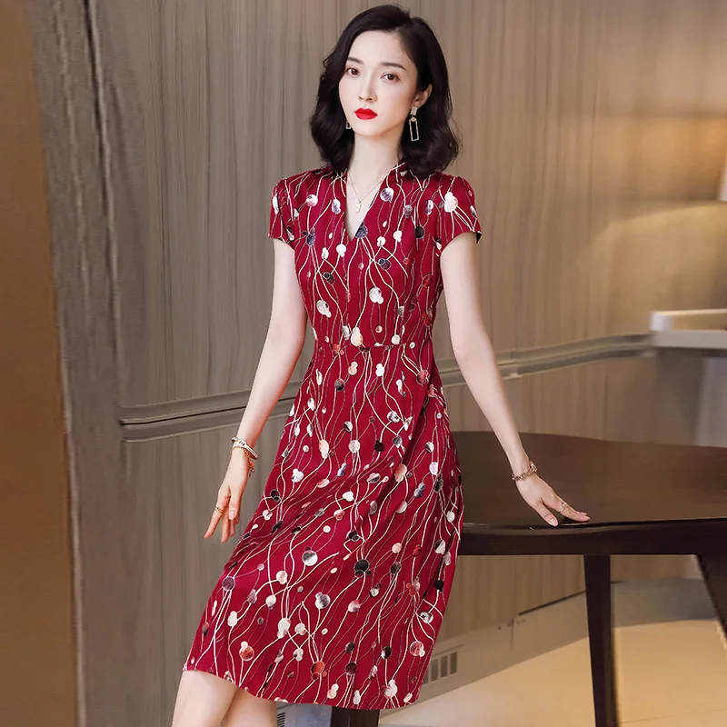 9151 New Silk Women'sVertical Pattern Printing Color Contrast Slimming Short Sleeve Silk Dress