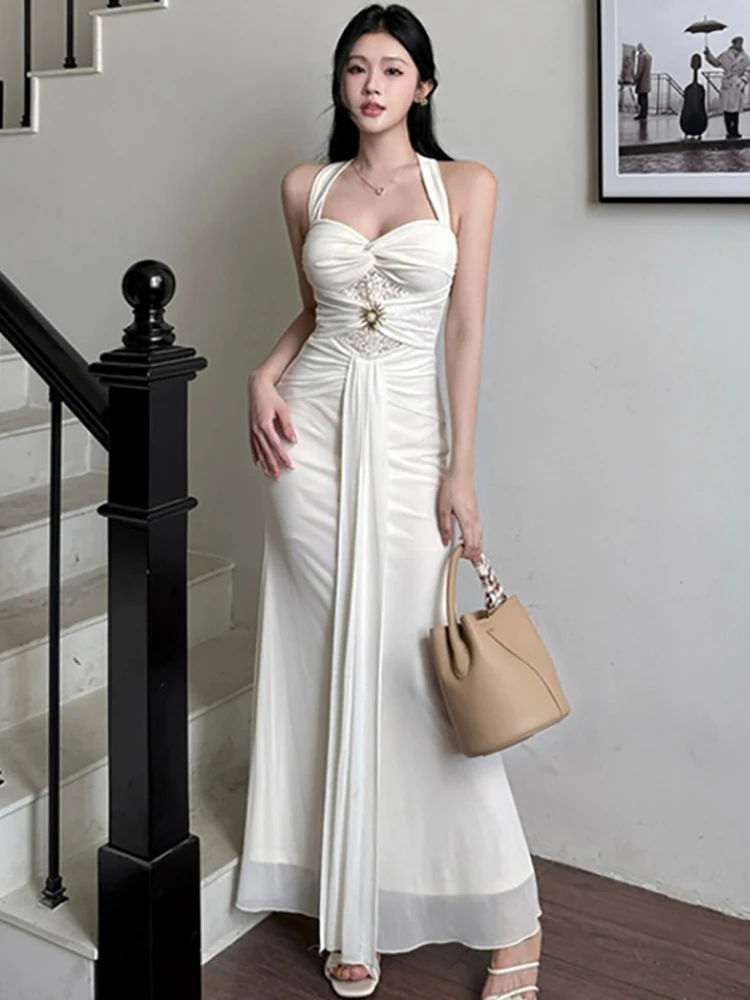 

Women Korean Elegant Luxury Evening Dress Autumn Winter White Mesh Patchwork Lace Dress 2025 Fashion Bodycon Festival Prom Dress