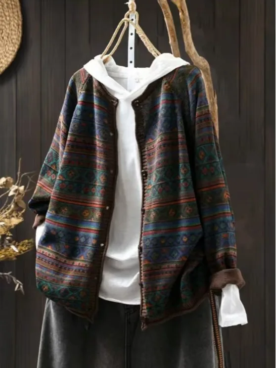 

Retro Knitted Floral Cotton Open Cardigan Women's Loose Slimming Autumn Casual Outerwear Long Sve round Ne Button up