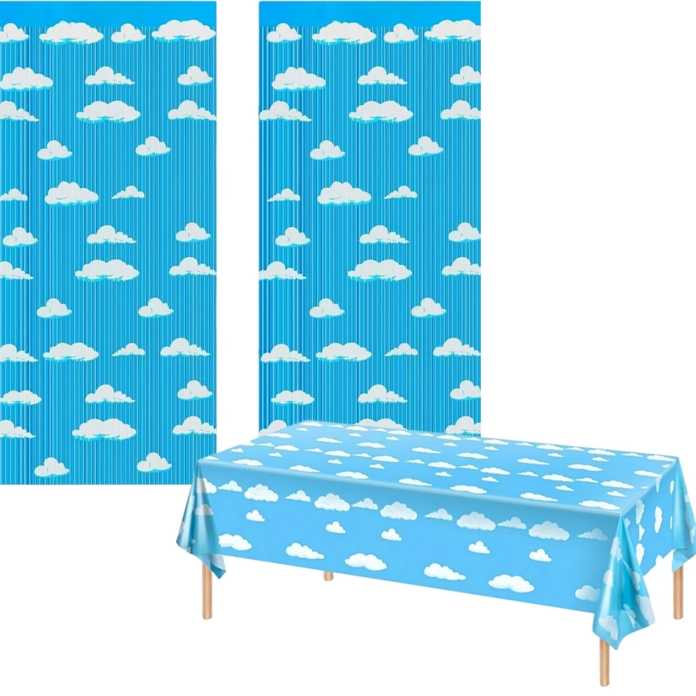 1/2/3 Stück Blauer Himmel Weiße Tischdecke mit Regenseide-Vorhang Wolken Geburtstagsparty-Zubehör Tischdecke Tischdekoration