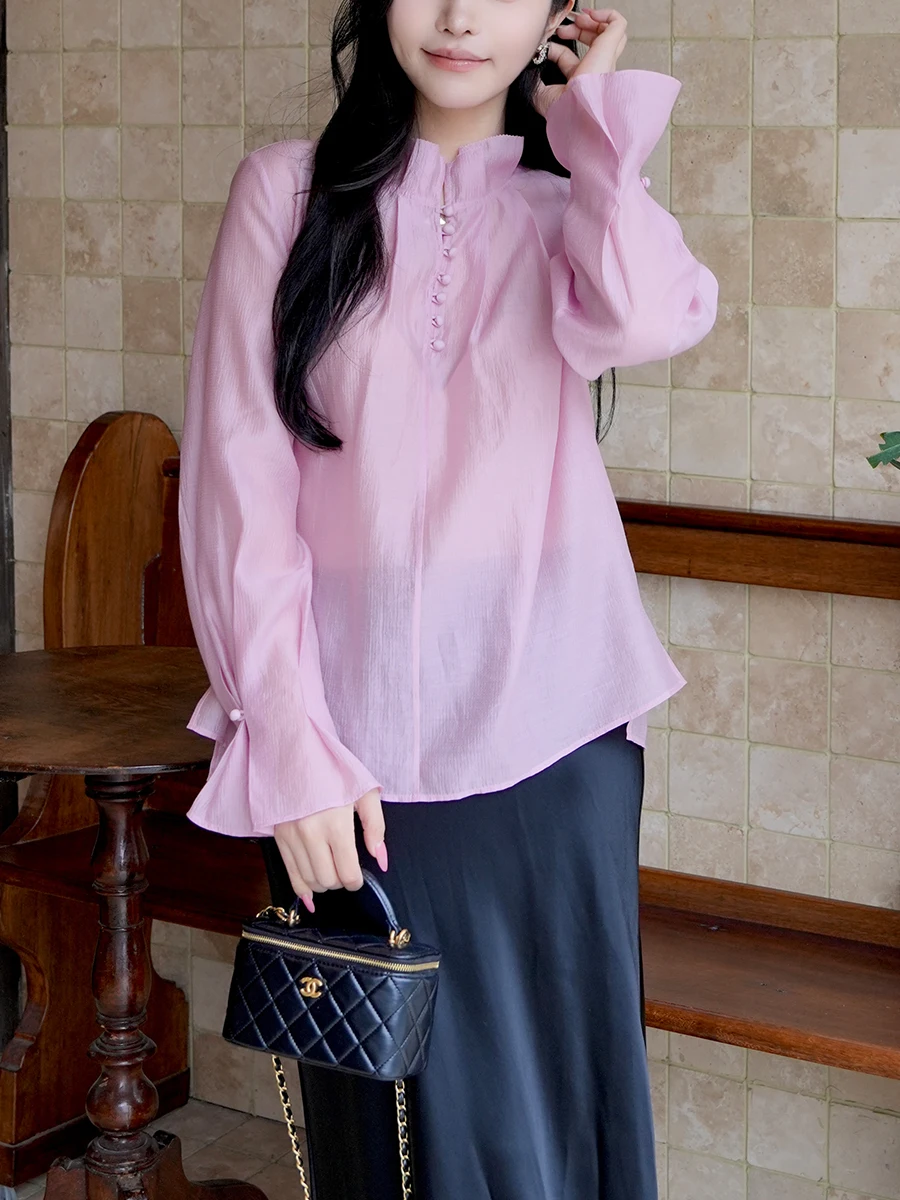 

Elegant Chinese Style Floral Collar Slimming Top Women's Fashion Long Sleeve Gown Traditional National Style Spring 2026