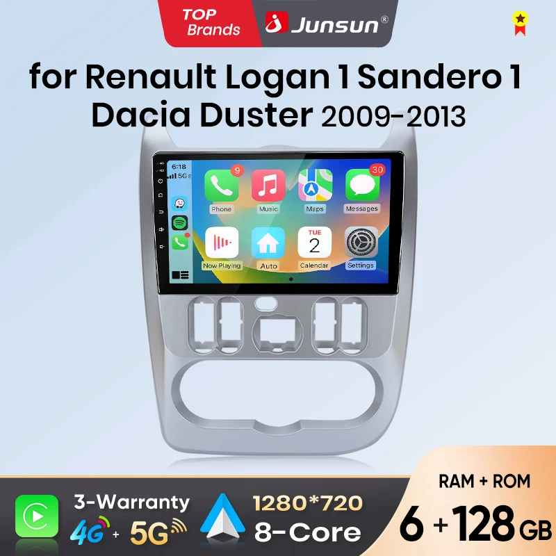 Junsun Android Auto Autoradio für Renault Logan 1 Sandero 2009 2010 2011-2013 Multimedia Wireless CarPlay SWC GPS Navi RDS DSP