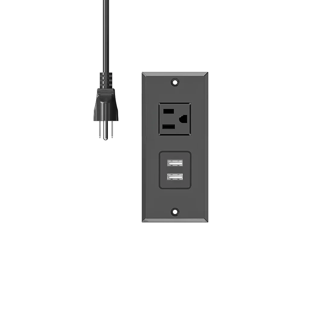 Black Compact Recessed Power Strip 1500W 12A 1 Outlet 2 USB-A Ports Hidden Charging Station for Furniture Conference Table