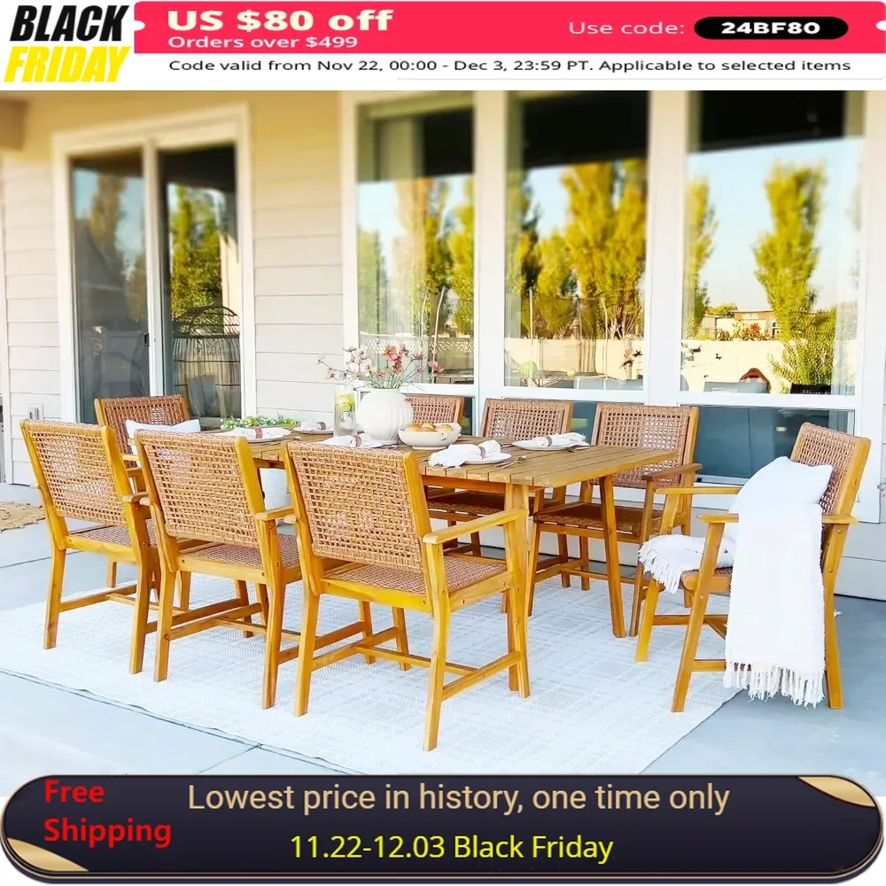 

9 PCS Wood Outdoor Dining Set, Teak Rectangle Wooden Table & Dining Chairs with Wicker Seat and Back,Garden Furniture Sets