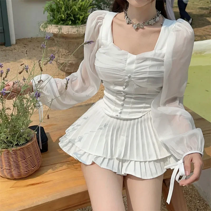 French Ballet White Two Piece Sets New 2024 Summer Fashion 2pc Long Puff Sleeve Square Collar Shirt Top+Pleated Mini Skirt Suits