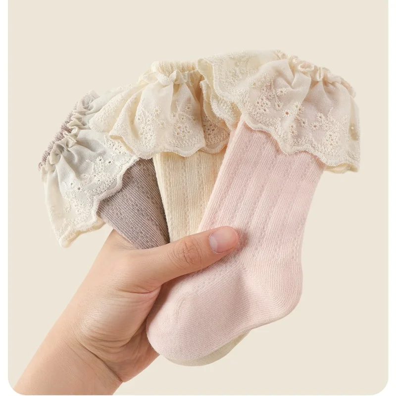 4 ألوان ربيع الخريف موضة الفتيات الجوارب مع الدانتيل الطفل طويل لينة العظم جوارب الأميرة القطن جوارب طويلة 0-3Y