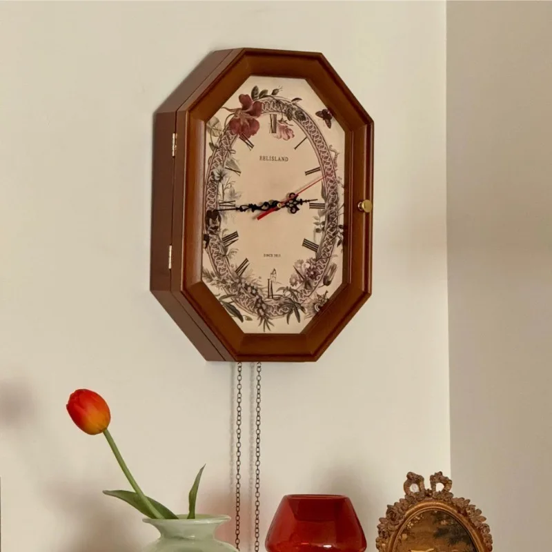 Solid Wood Wall Clocks French Storage Silent Octagonal Wall Clocks Vintage Decorative Painting Clock Multi-functional Home Decor