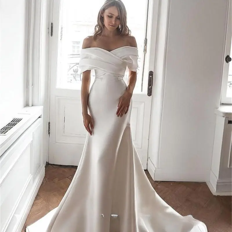 

Charming Off the Shoulder Satin Mermaid Wedding Dresses 2022 Mermaid Sleeves Court Train Customize To Measures Robe De Mariee