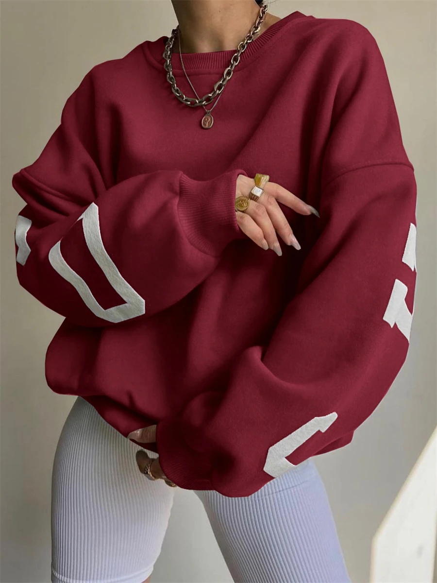 Back Letters Print Oversized Sweatshirts Women Casual Thickened Warm Pullovers Long Sleeve Tops Autumn Winter Streetwear