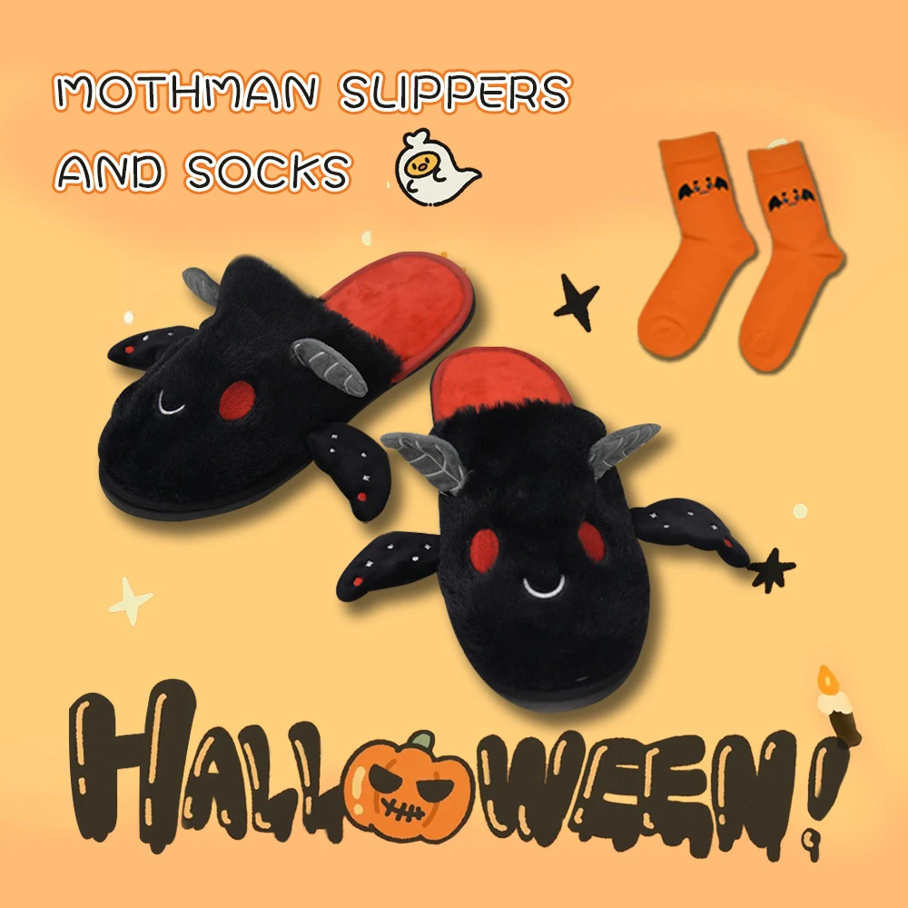 Highland Cow Halloween Bat Pluszowe kapcie ze skarpetkami Cute Cartoon Mothman Puszyste buty Pantofel Halloween Party Prezenty urodzinowe