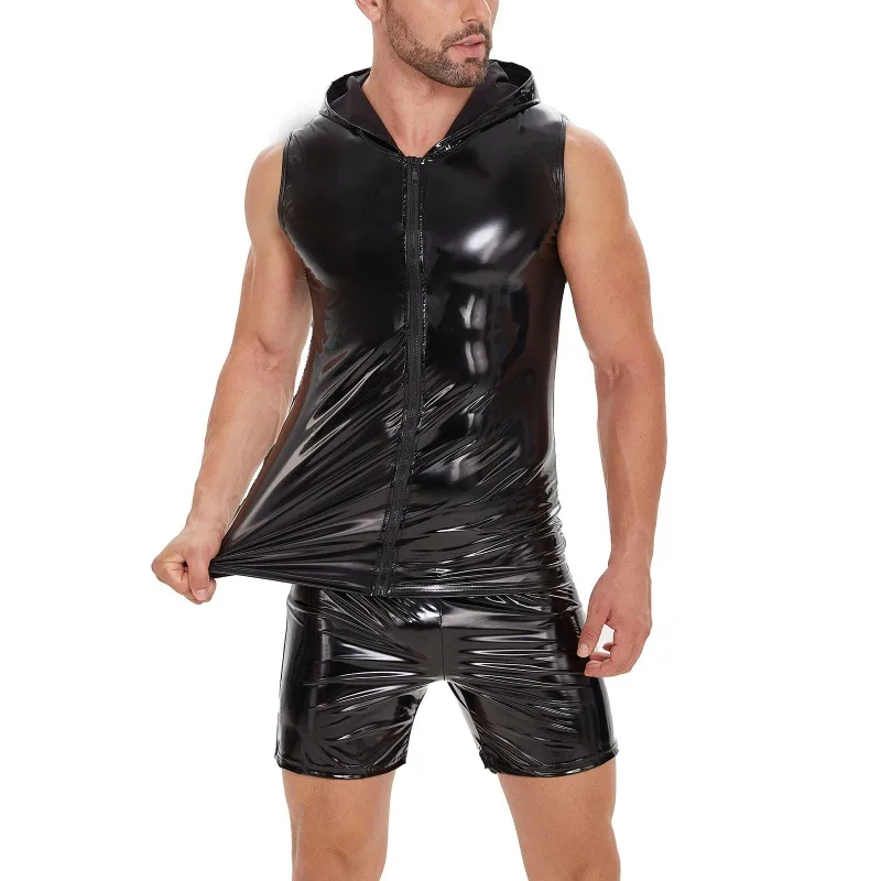 Plus Size Mens Shiny Leather Hooded Tank Top Soft PVC Leather T-Shirts Sleeveless Male Black Red Full Zipper Shaping Vest