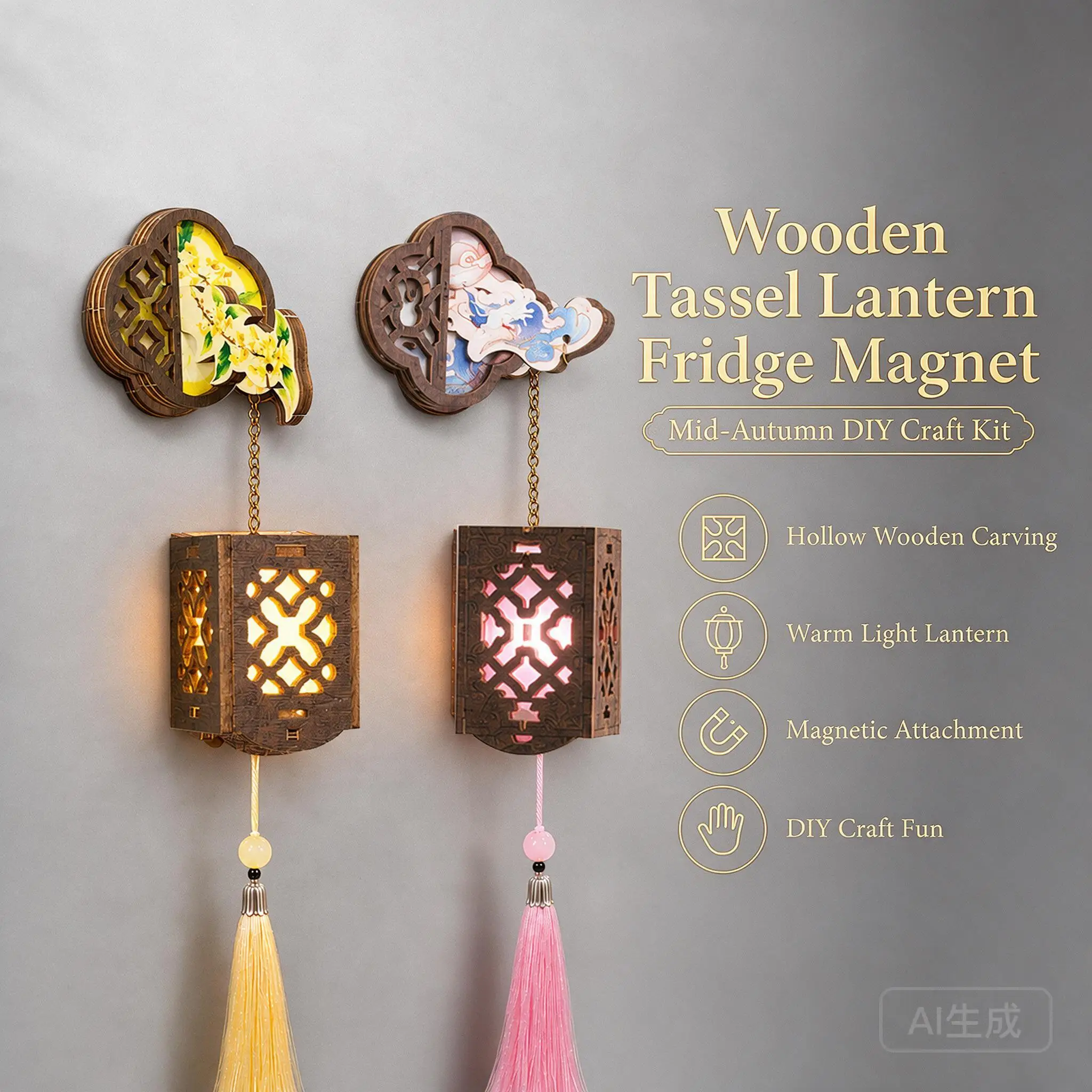 Diy Wooden Glowing Lantern Fridge Magnet Kit Traditional Chinese Mid Autumn Festival Creative Handmade Gift Decor With Tassel