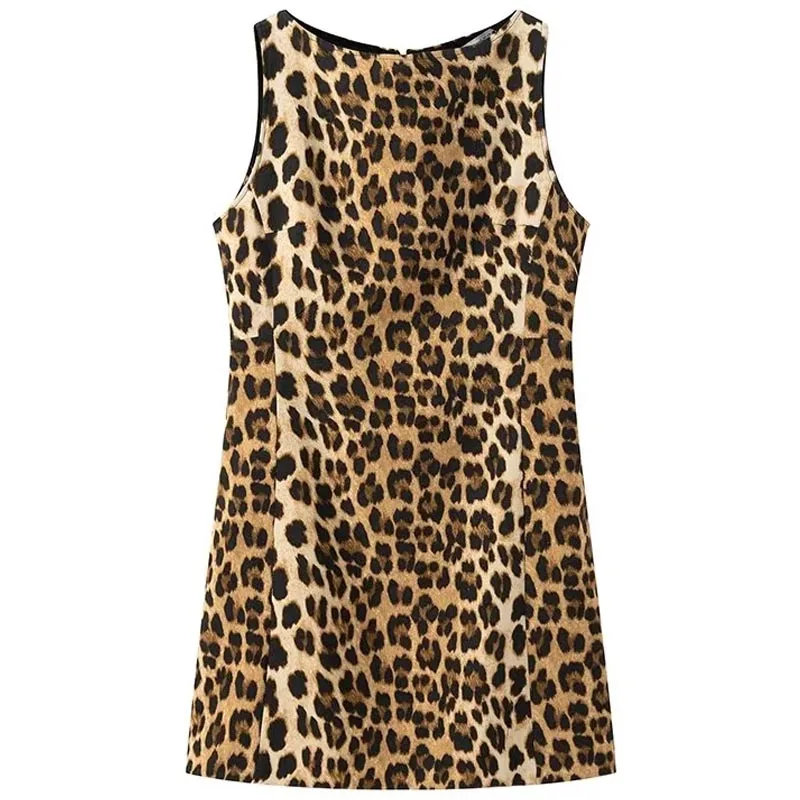 HXAO Mini Leopard Print Dresses Women's Summer Sundresses 2024 Ladies O-Neck Sleeveless Short Dress Chic Elegant Vintage Dresses