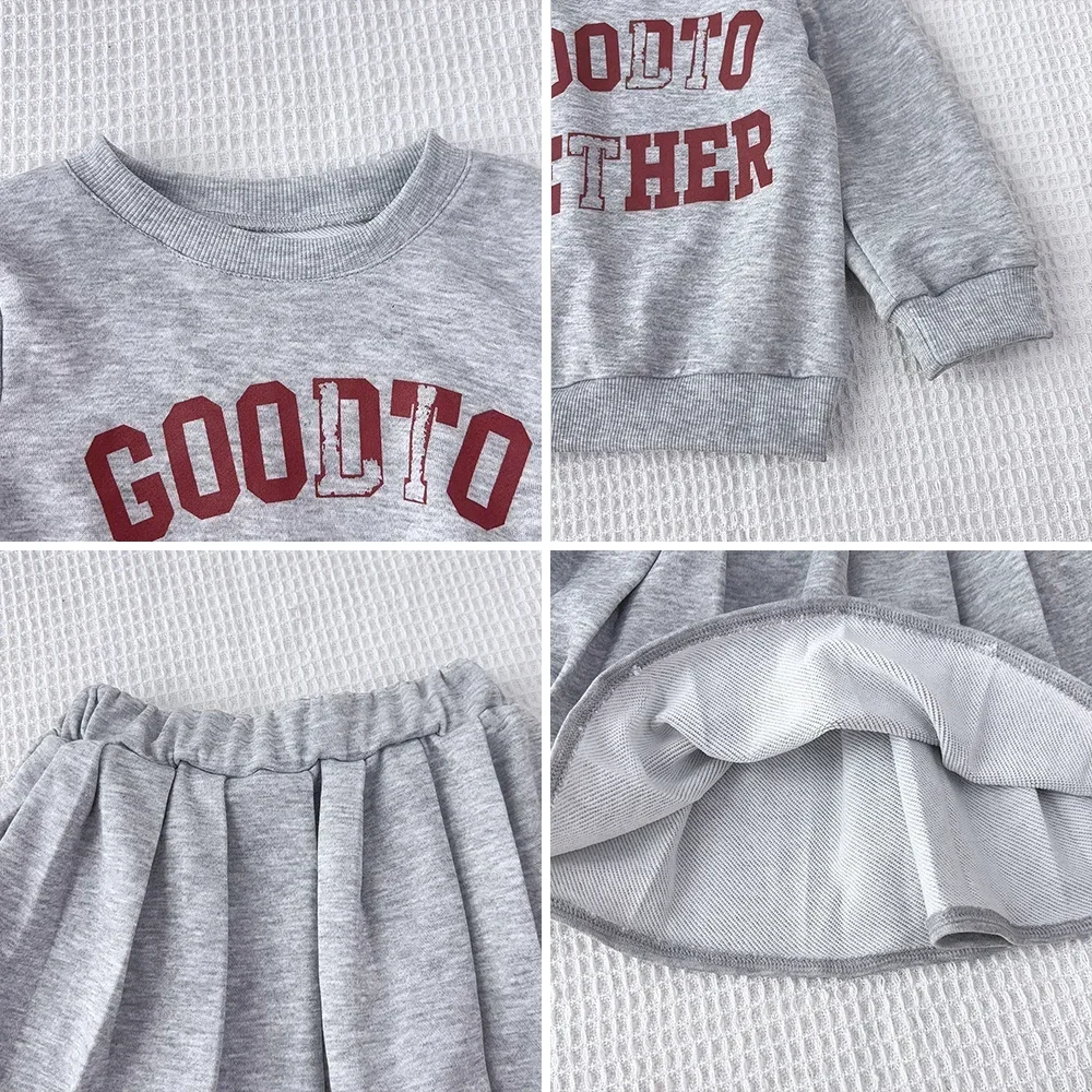 Korean Gray Fashion Set Autumn Long Sleeved Round Neck Letter Printed Top+skirt Set Sports and Casual Style Girl Clothes