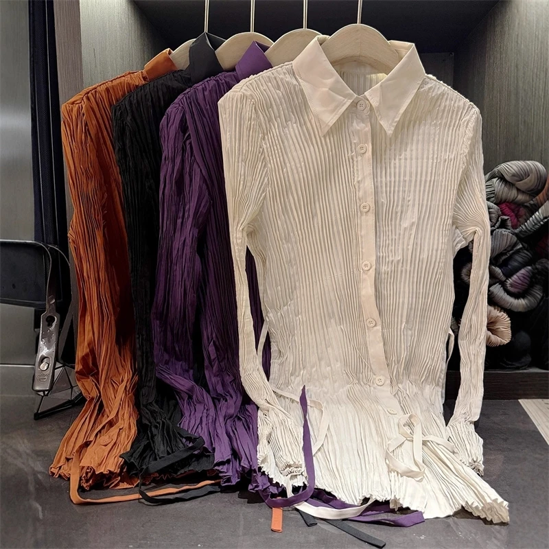 Unique Design Women Casual Shirt Solid Color Lapel Long Sleeved Single Breasted Pleated Fashionable Retro Female Top