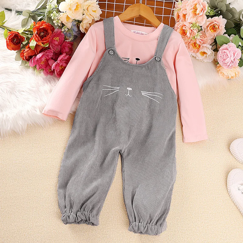 Autumn New Sets 1-5 Years Pink Top + Grey Overalls Korean Style Suits Stylish Girls Vacation Holiday Clothes