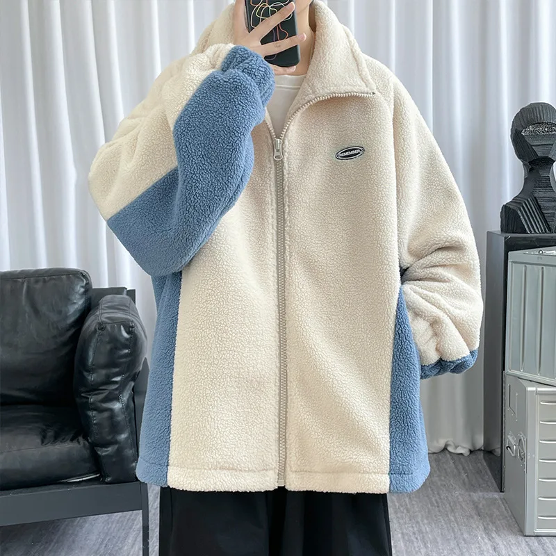 Spring Autumn and Winter Color Contrasting Lamb Velvet Warm Stand Collar Cotton Jacket Coat Hoodie for Men