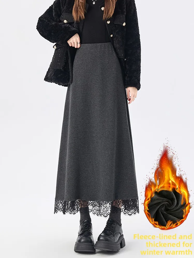 

Ретро-юбка А-силуэта из шерсти с кружевом, женская зимняя утепленная флисовая юбка-солнце с высокой талией, универсальная элегантная юбка