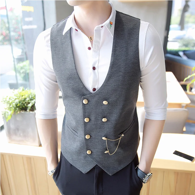 Men\'s Double Breasted Vest Spring 2021 New Slim Sleeveless Formal Suit Vest Gray Black Fashion Men\'s Business Casual Suit Vest