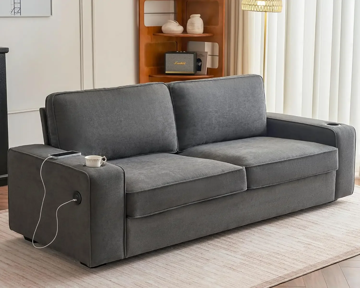 inch Couch 3-SeaterSofa Couch- Deep Seat Sofa with 2 USB Charging Ports & 2 Cup Holders Modern Sofas for Living Room