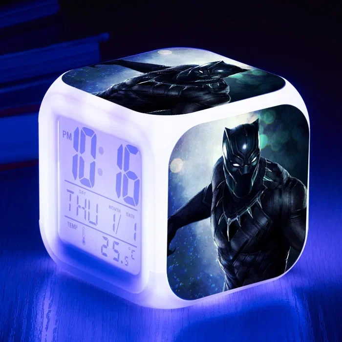 Disney Marvel Avengers Anime Figure Black Panther Night Lights Colorful Alarm Clock Children\'s Room Decoration Birthday Gifts