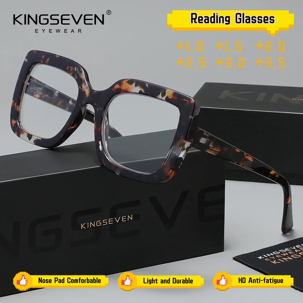 KINGSEVEN Klassische Dickrahmen-Lesebrille für Damen und Herren, Presbyopie +1.0~+3.5, Weitsichtigkeit, Damen-Brillengestell mit Leopardenmuster