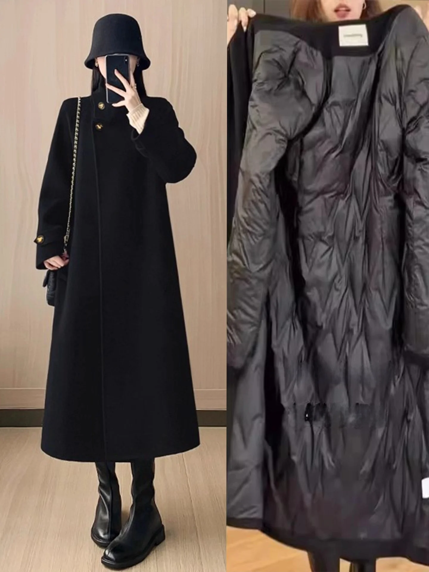 

Ele Bla Stand Collar down Filled Woolen Coat Women's Winter New Loose Belted Fce Lined Tweed Coat Korean Sle